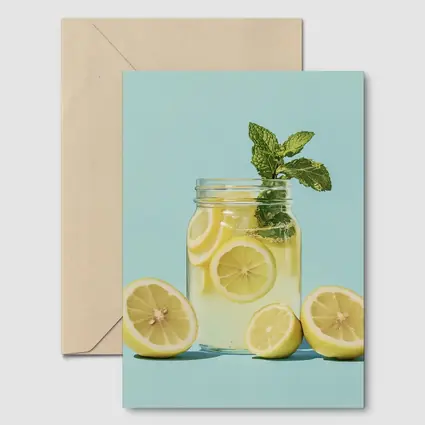 Lemon Mint Mason Jar Drink Blue Background