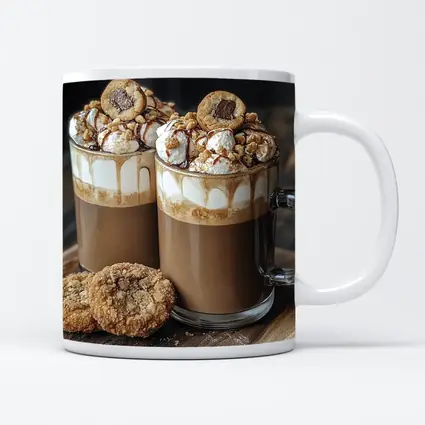 Chocolate Coffee Mugs With Cookies Wooden Board