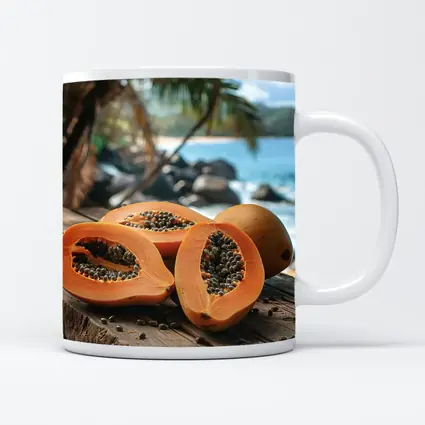 Fresh Papaya Halves Tropical Beach Background