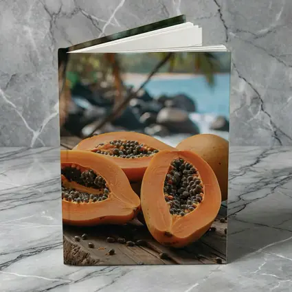Fresh Papaya Halves Tropical Beach Background