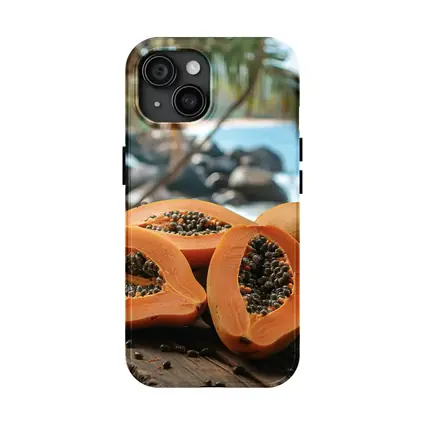 Fresh Papaya Halves Tropical Beach Background