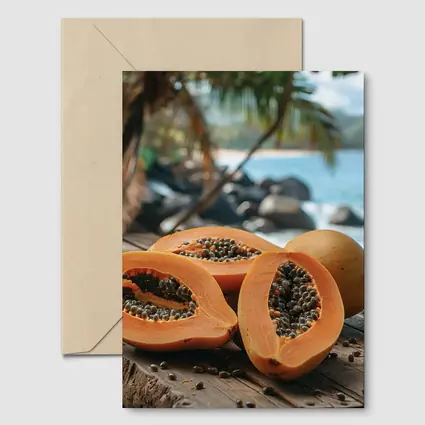 Fresh Papaya Halves Tropical Beach Background