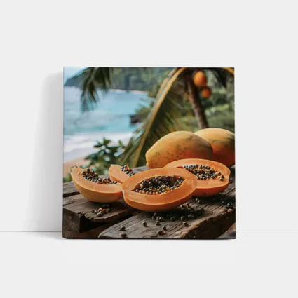 Fresh Papaya Slices Tropical Beach Background
