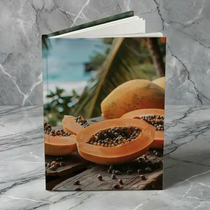 Fresh Papaya Slices Tropical Beach Background