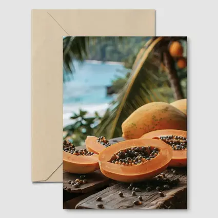 Fresh Papaya Slices Tropical Beach Background