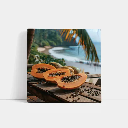 Fresh Papaya Slices Tropical Beach Background