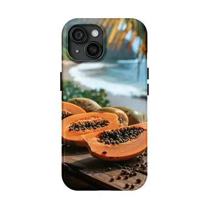 Fresh Papaya Slices Tropical Beach Background