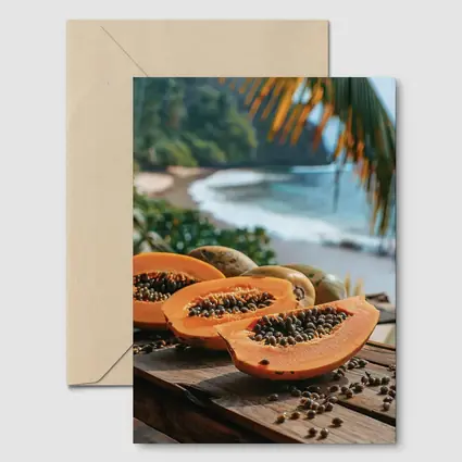 Fresh Papaya Slices Tropical Beach Background