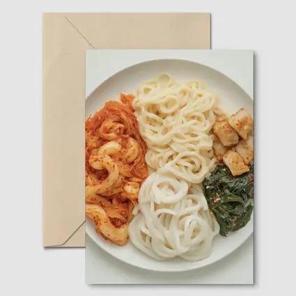 Korean Udon Noodles Kimchi Tofu White Plate