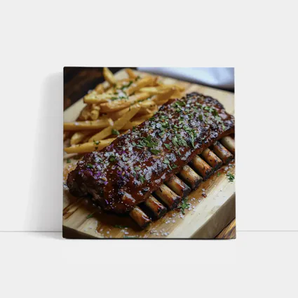 BBQ Pork Ribs With Fries Wooden Board