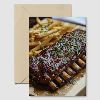 BBQ Pork Ribs With Fries Wooden Board