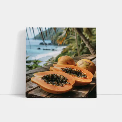 Fresh Papaya Halves Tropical Beach Background