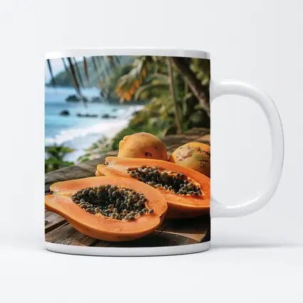 Fresh Papaya Halves Tropical Beach Background