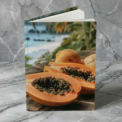 Fresh Papaya Halves Tropical Beach Background
