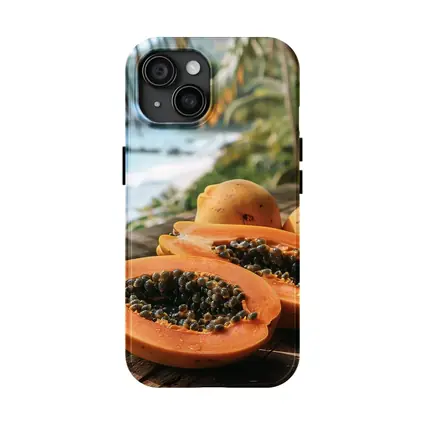 Fresh Papaya Halves Tropical Beach Background