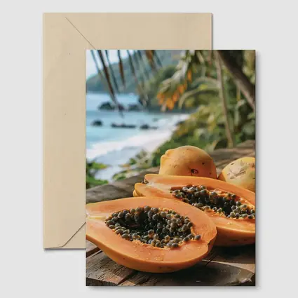 Fresh Papaya Halves Tropical Beach Background