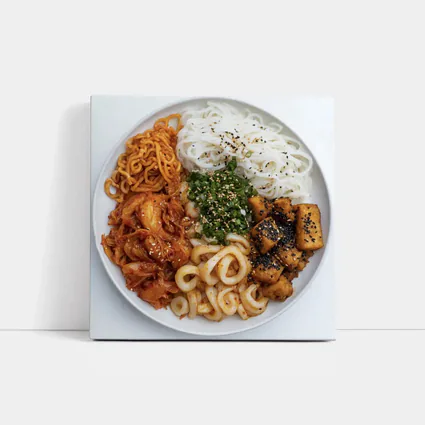 Korean Rice Noodle Bowl With Kimchi Tofu