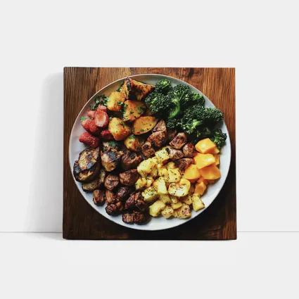 Grilled Meat Bowl Broccoli Potatoes Mango Plate
