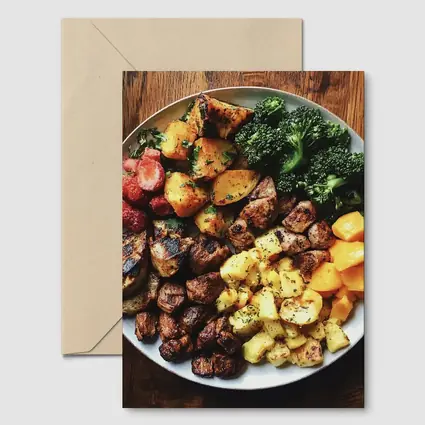 Grilled Meat Bowl Broccoli Potatoes Mango Plate