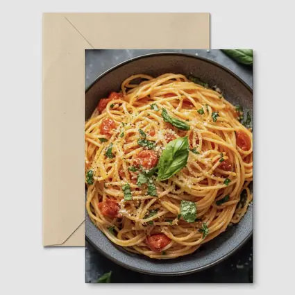 Spaghetti Tomato Basil Parmesan Dark Bowl