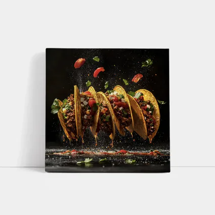 Crispy Beef Tacos Flying Dark Background