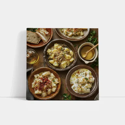 Rustic Cod Fish Dishes on Wooden Table