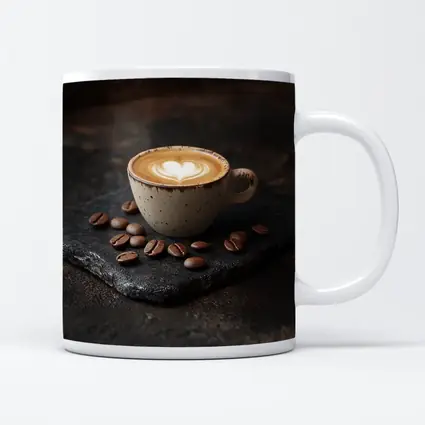 Latte Art Coffee Cup With Scattered Beans