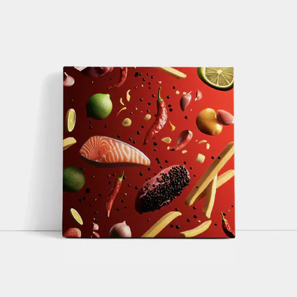 Flying Food Ingredients On Red Background