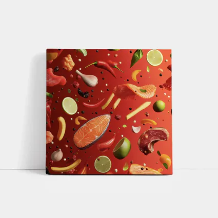 Fresh Ingredients Floating On Red Background