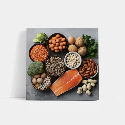 High Protein Foods Flat Lay Gray Background
