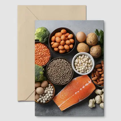 High Protein Foods Flat Lay Gray Background