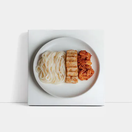Udon Noodles Tofu Kimchi White Plate
