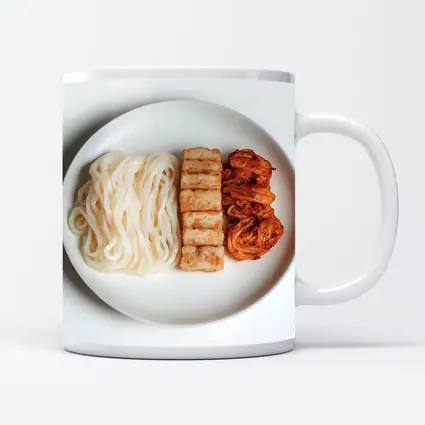 Udon Noodles Tofu Kimchi White Plate