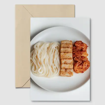 Udon Noodles Tofu Kimchi White Plate