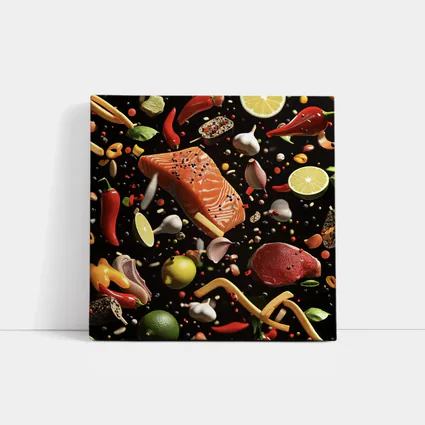 Flying Ingredients Salmon Meat Dark Background