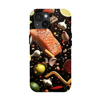 Flying Ingredients Salmon Meat Dark Background