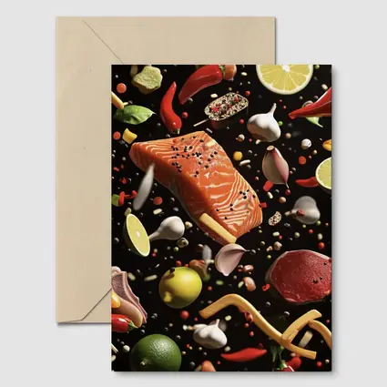 Flying Ingredients Salmon Meat Dark Background