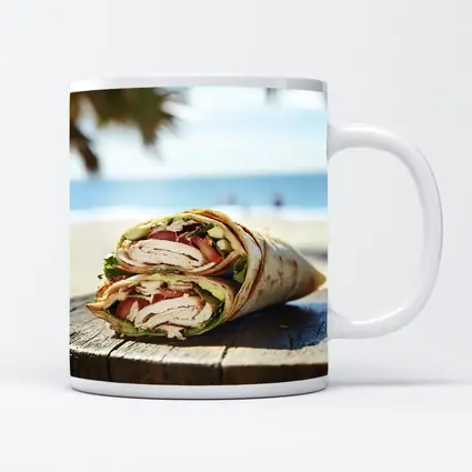 Chicken Wrap Halved on Beach Background