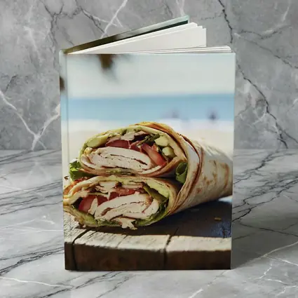 Chicken Wrap Halved on Beach Background