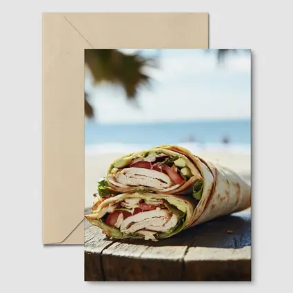Chicken Wrap Halved on Beach Background