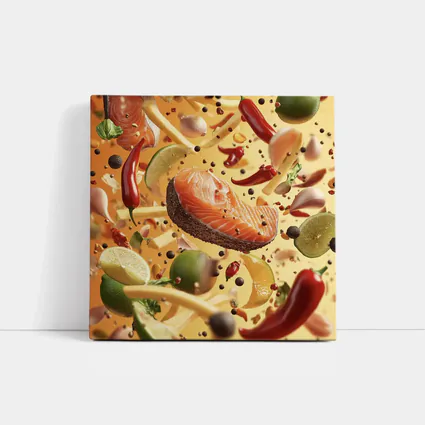 Salmon Steak Flying Spices Chili Orange Background