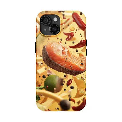 Salmon Steak Flying Spices Chili Orange Background