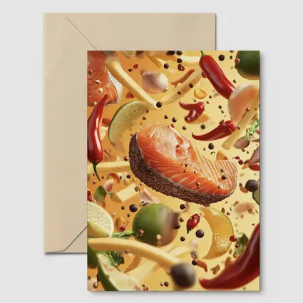 Salmon Steak Flying Spices Chili Orange Background