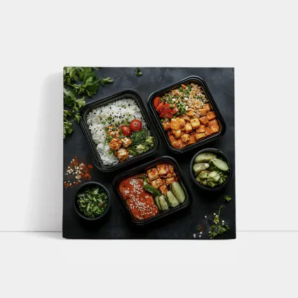 Asian Meal Prep Bowls Dark Stone Background