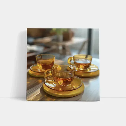 Amber Glass Tea Cups Golden Saucers Table