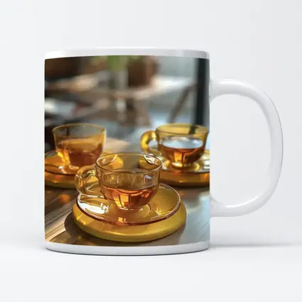 Amber Glass Tea Cups Golden Saucers Table