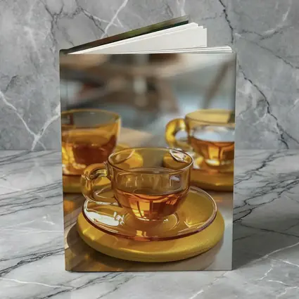 Amber Glass Tea Cups Golden Saucers Table