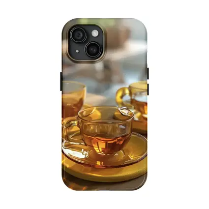 Amber Glass Tea Cups Golden Saucers Table