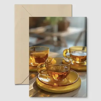 Amber Glass Tea Cups Golden Saucers Table