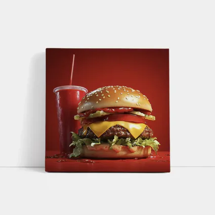 Classic Cheeseburger And Soda Red Background